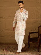 Men Off White Viscose Rayon Floral Printed Straight Kurta-MKU1612