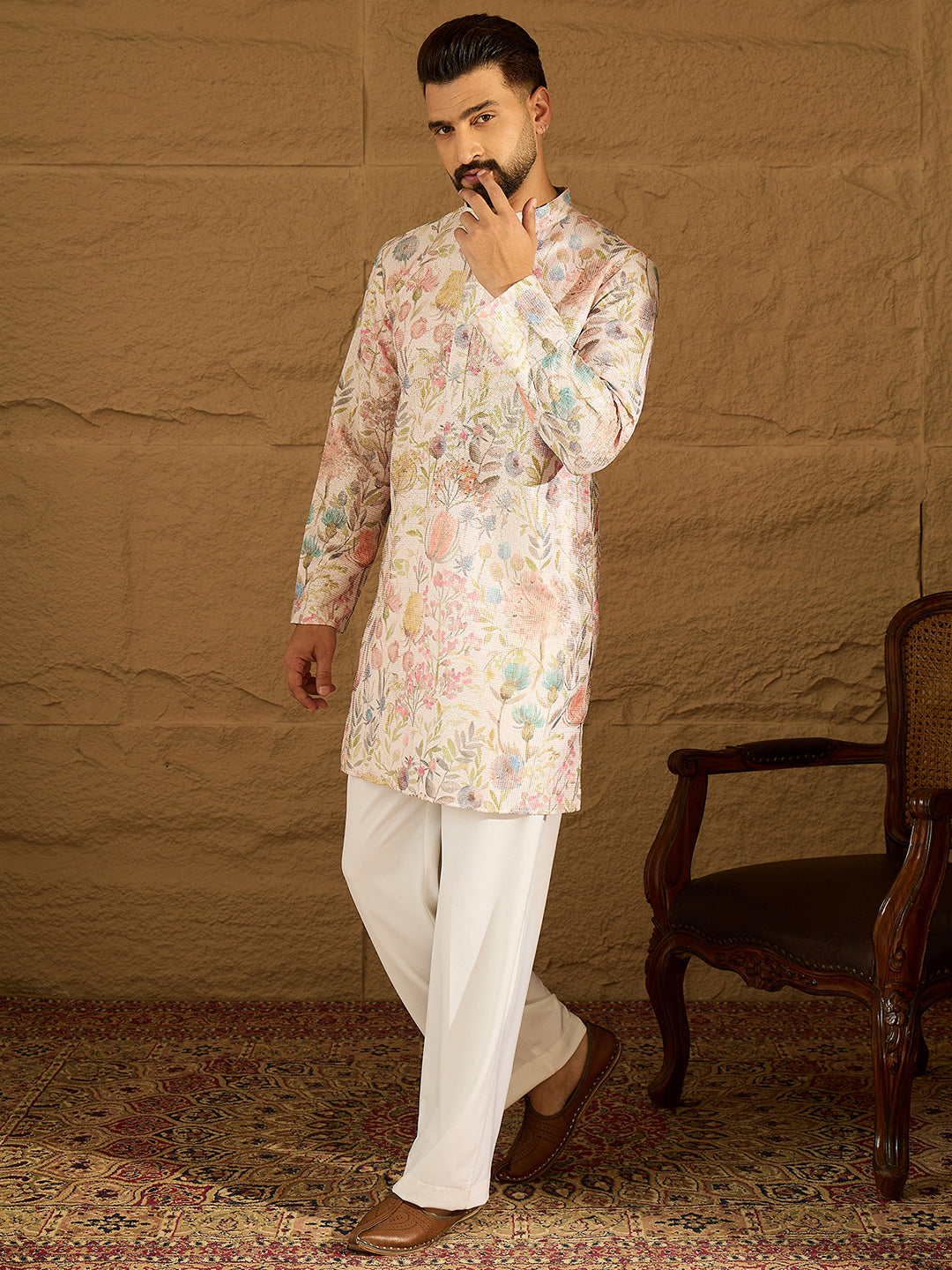 Men Off White Viscose Rayon Floral Printed Straight Kurta-MKU1612