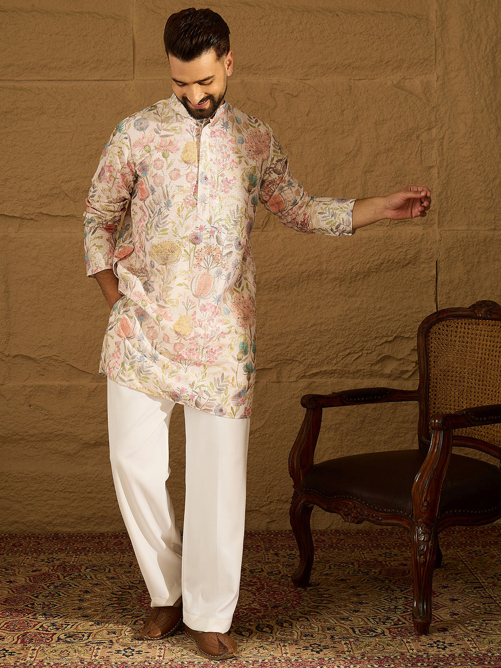 Men Off White Viscose Rayon Floral Printed Straight Kurta-MKU1612
