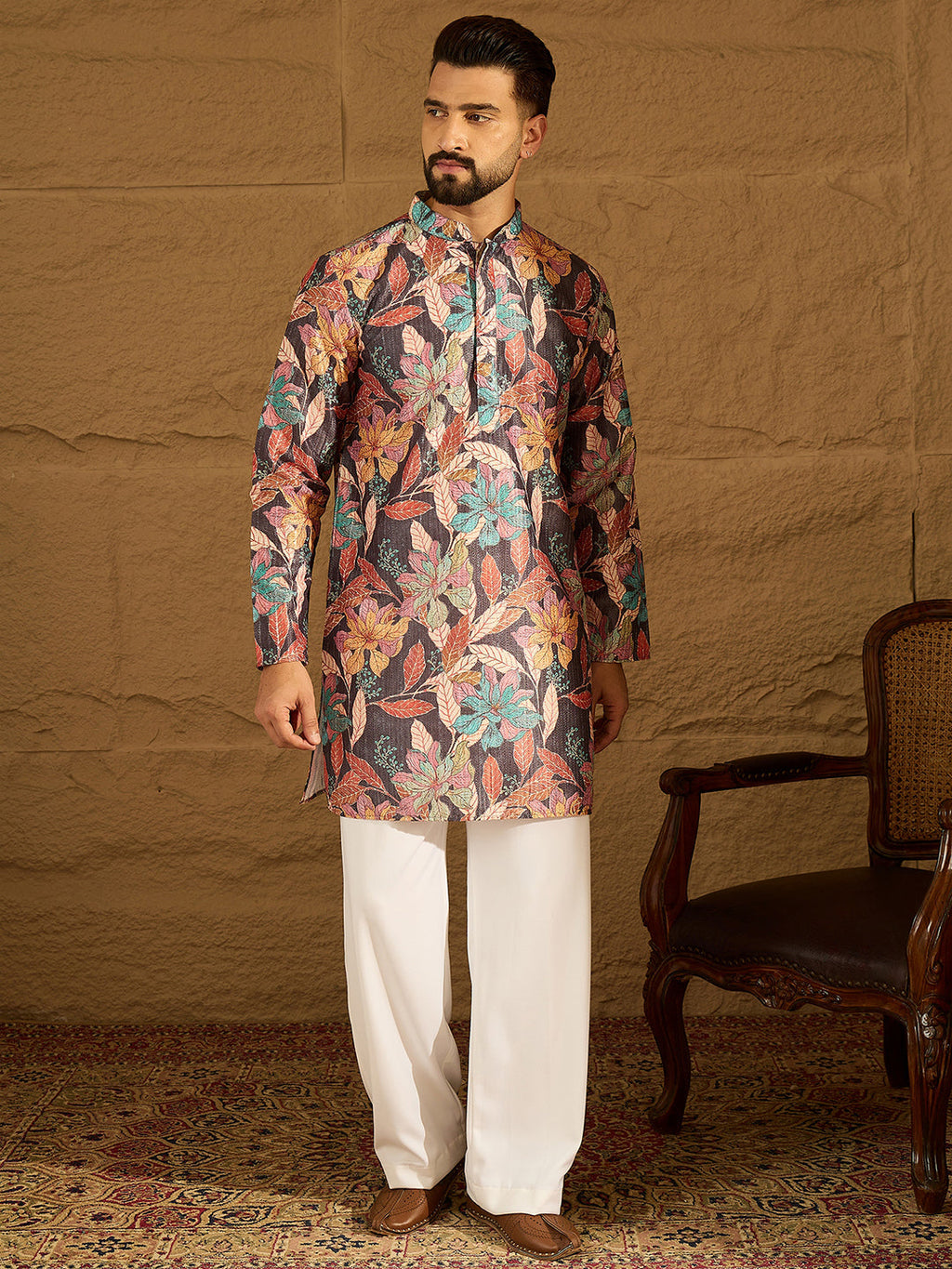 Men Grey Silk Blend Floral Printed Straight Kurta-MKU1613