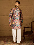 Men Grey Silk Blend Floral Printed Straight Kurta-MKU1613