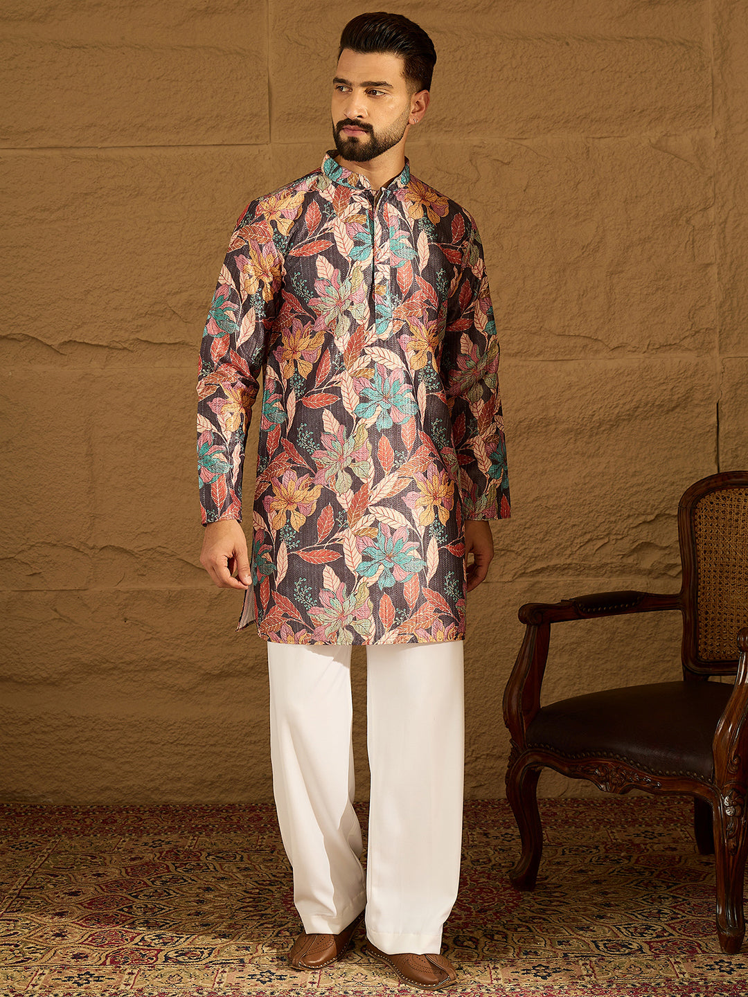 Men Grey Silk Blend Floral Printed Straight Kurta-MKU1613