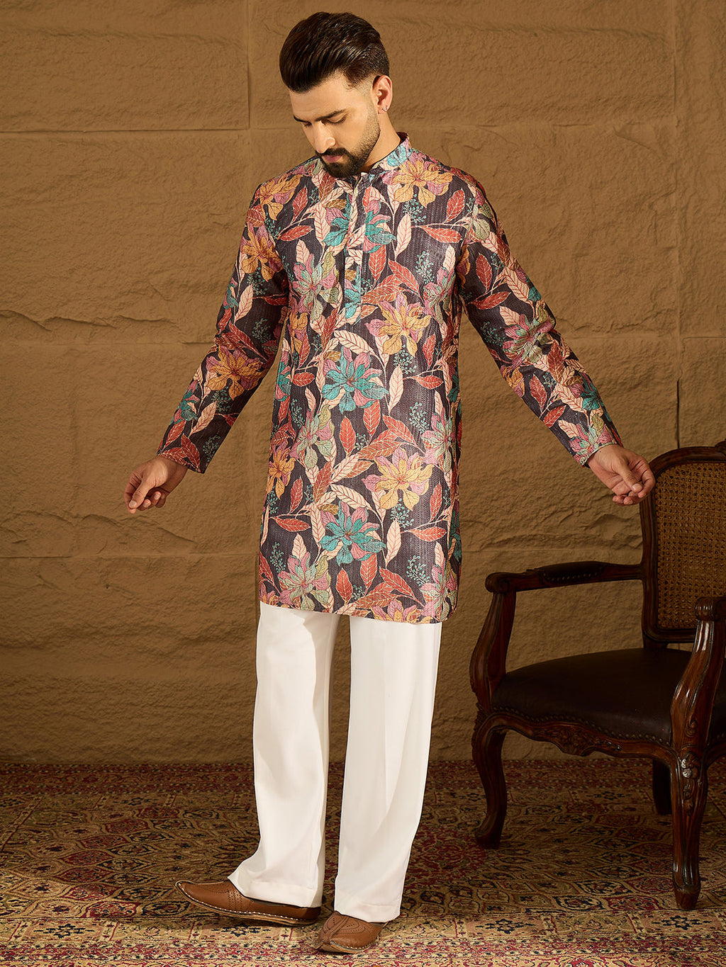 Men Grey Silk Blend Floral Printed Straight Kurta-MKU1613