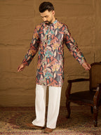 Men Grey Silk Blend Floral Printed Straight Kurta-MKU1613