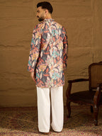 Men Grey Silk Blend Floral Printed Straight Kurta-MKU1613
