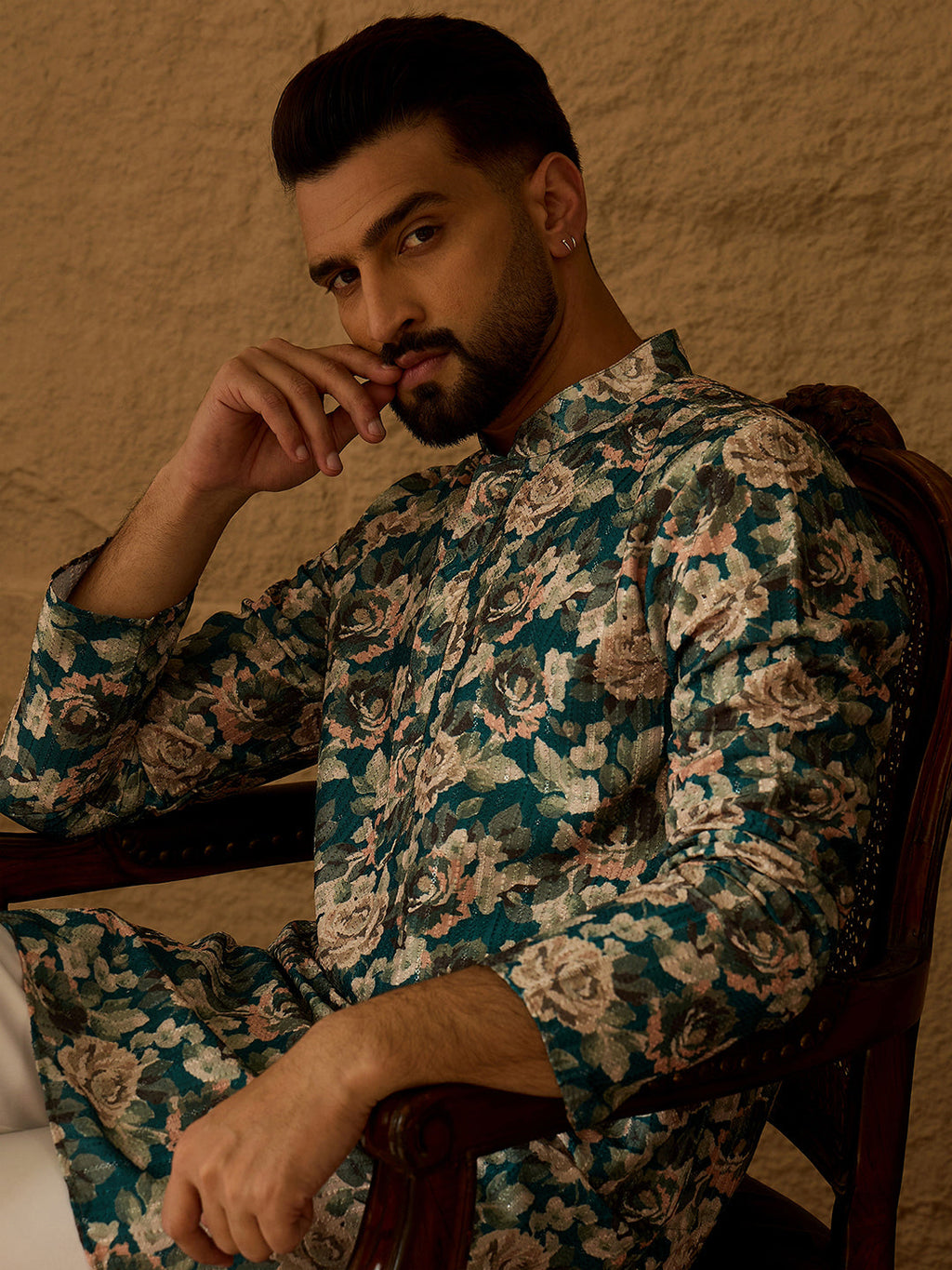 Men Teal Silk Blend Floral Printed Straight Kurta-MKU1614