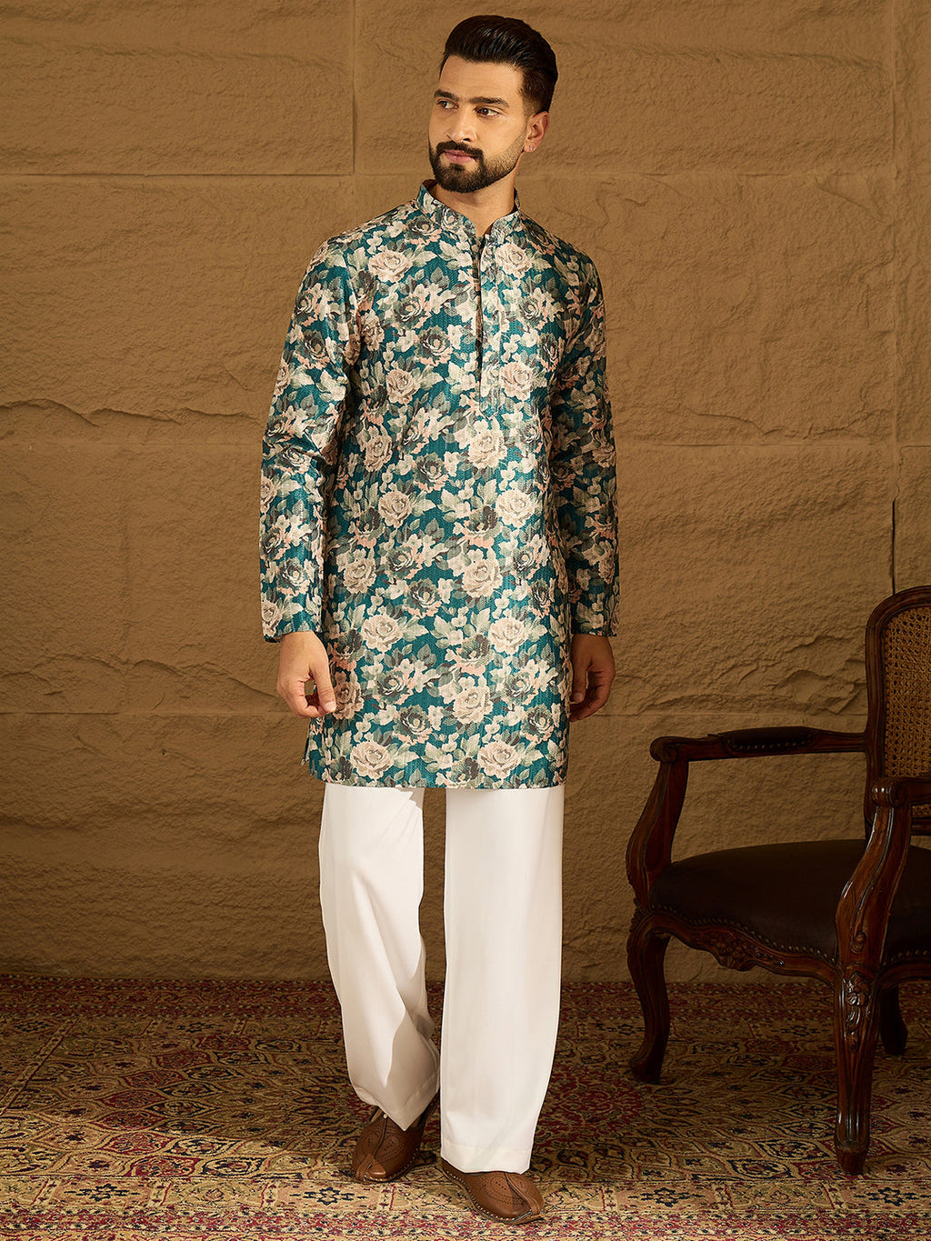 Men Teal Silk Blend Floral Printed Straight Kurta-MKU1614