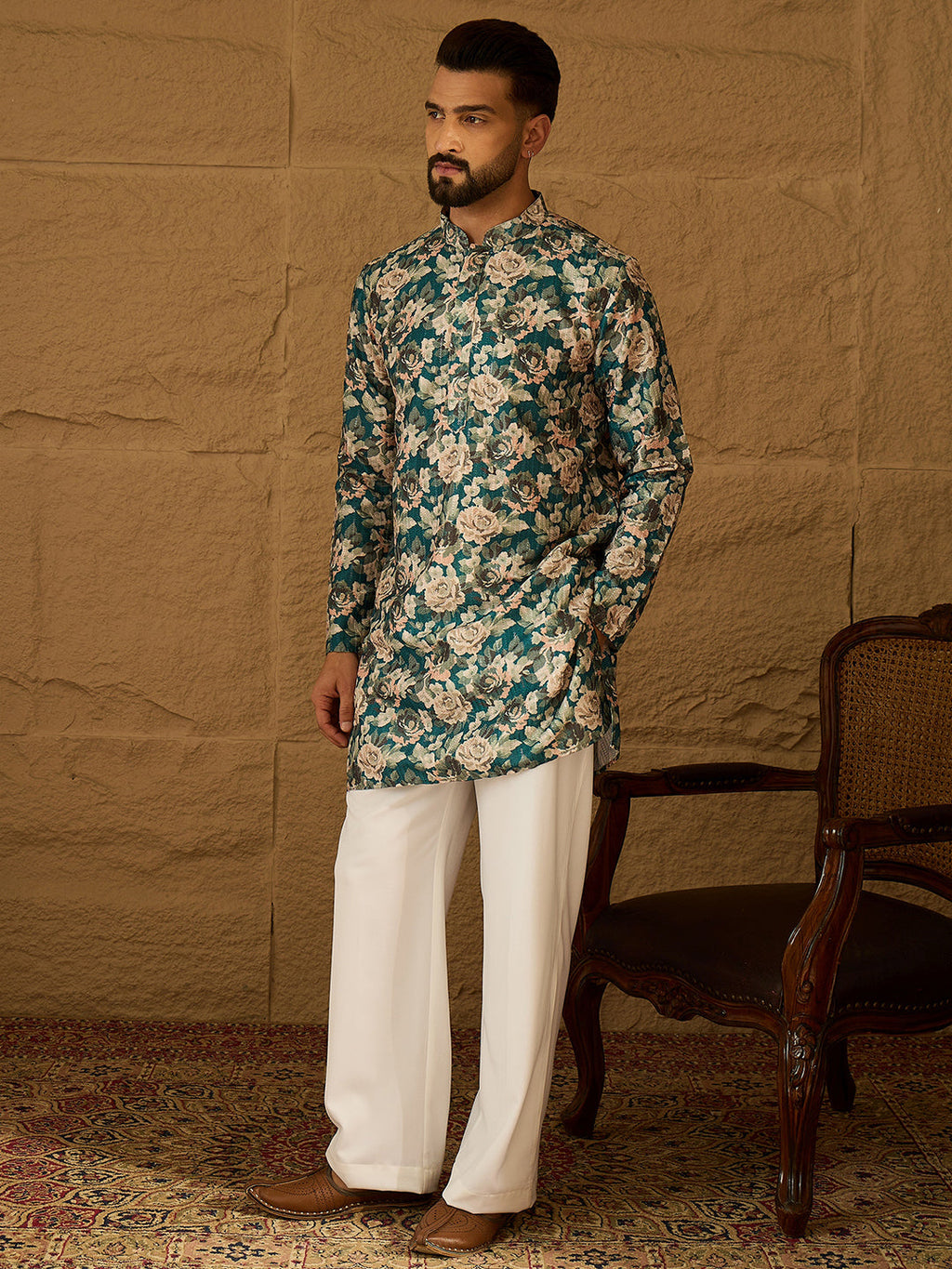 Men Teal Silk Blend Floral Printed Straight Kurta-MKU1614