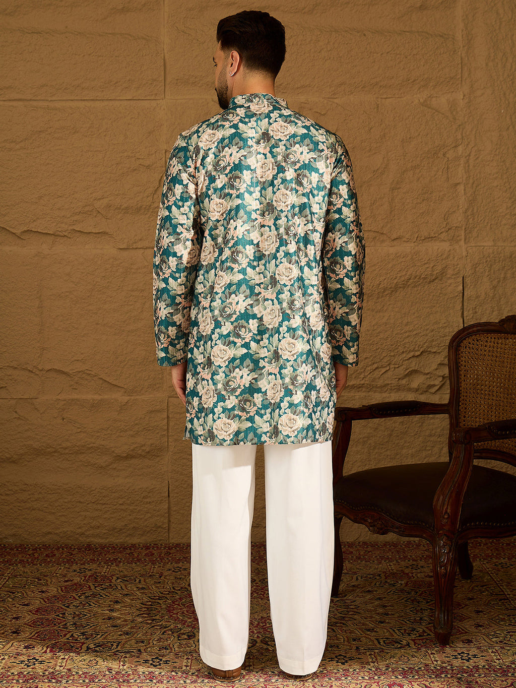 Men Teal Silk Blend Floral Printed Straight Kurta-MKU1614