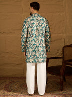 Men Teal Silk Blend Floral Printed Straight Kurta-MKU1614