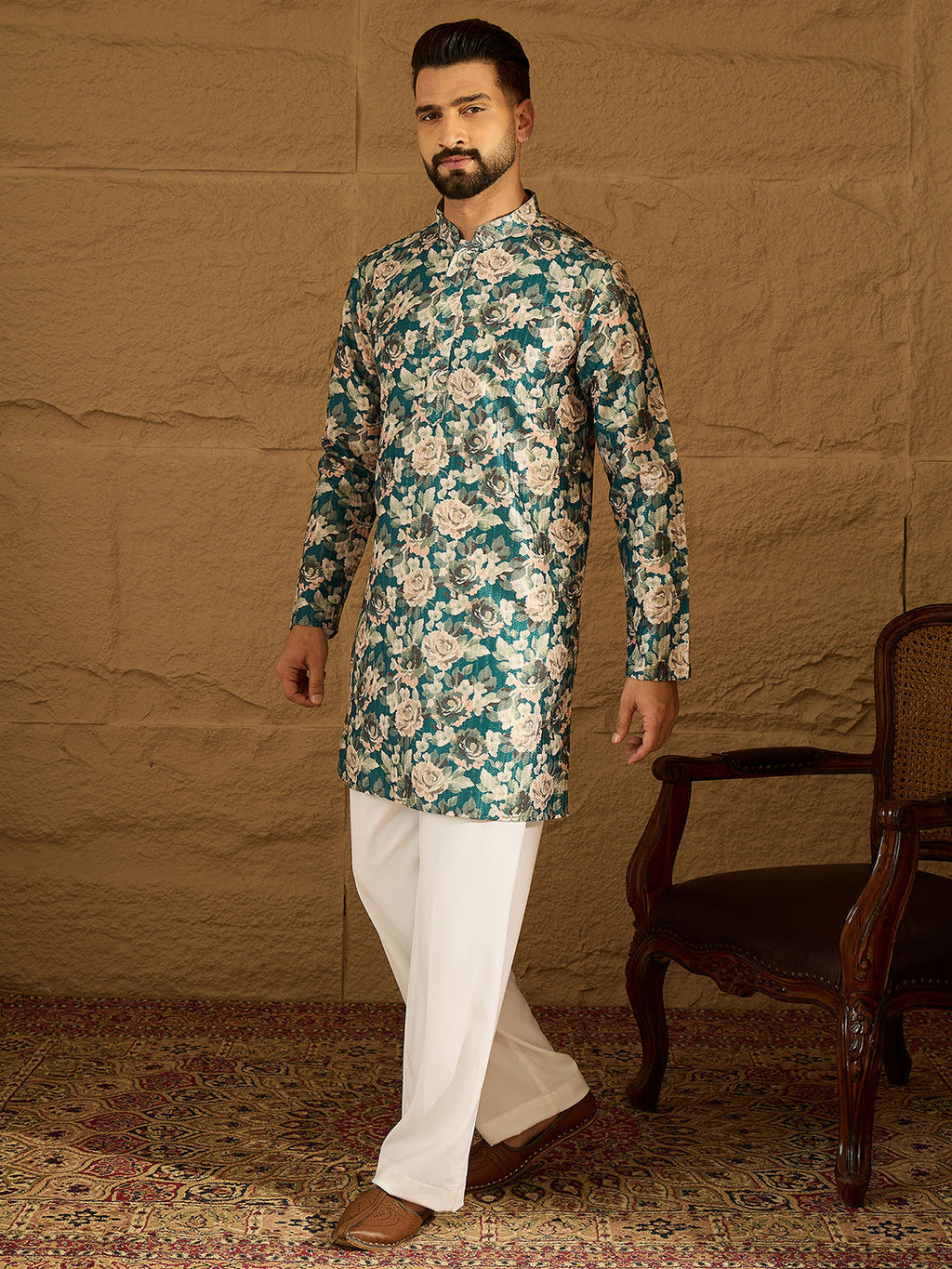 Men Teal Silk Blend Floral Printed Straight Kurta-MKU1614