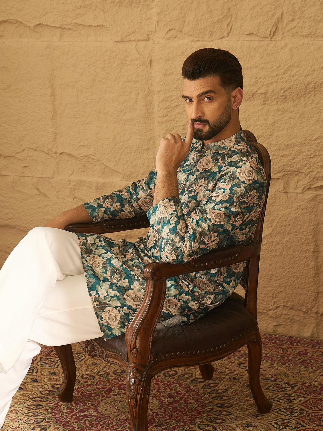 Men Teal Silk Blend Floral Printed Straight Kurta-MKU1614