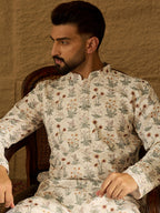 Men Off White Viscose Rayon Floral Printed Straight Kurta-MKU1615