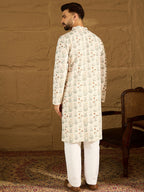 Men Off White Viscose Rayon Floral Printed Straight Kurta-MKU1615