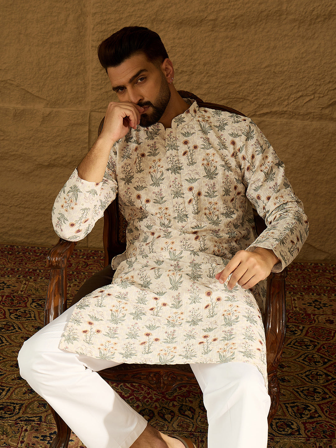 Men Off White Viscose Rayon Floral Printed Straight Kurta-MKU1615