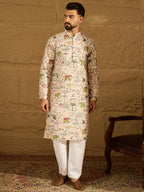 Men Cream Viscose Rayon Ethnic Motifs Printed Straight Kurta-MKU1616