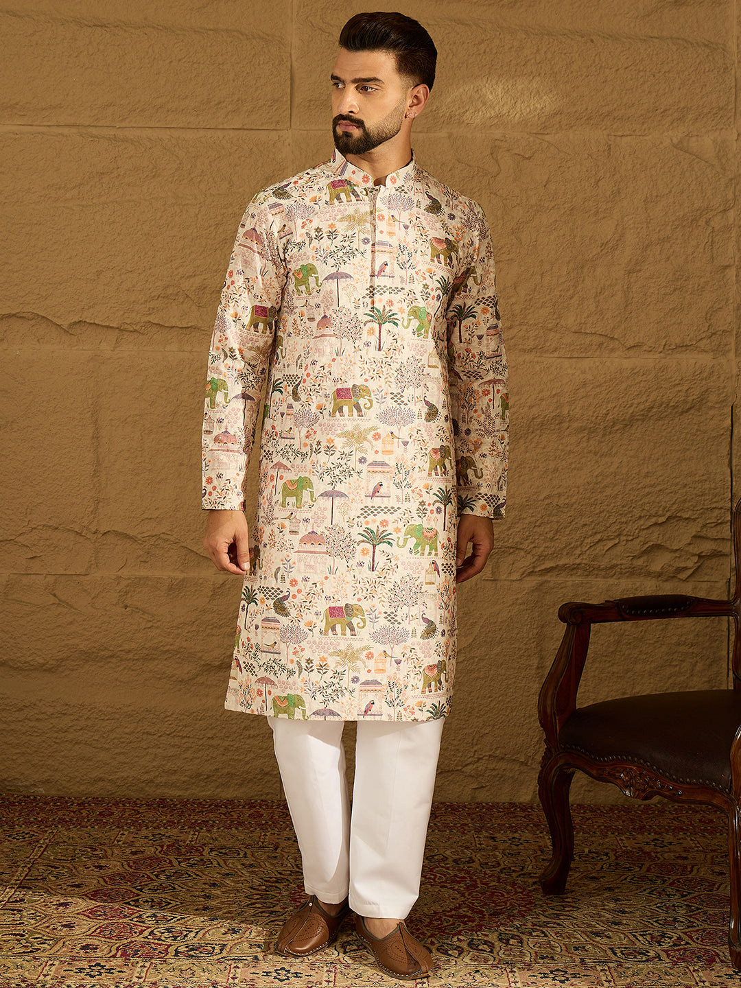 Men Cream Viscose Rayon Ethnic Motifs Printed Straight Kurta-MKU1616