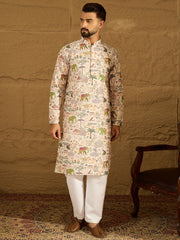 Men Cream Viscose Rayon Ethnic Motifs Printed Straight Kurta-MKU1616