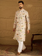 Men Cream Viscose Rayon Ethnic Motifs Printed Straight Kurta-MKU1616