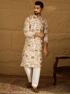 Men Cream Viscose Rayon Ethnic Motifs Printed Straight Kurta-MKU1616