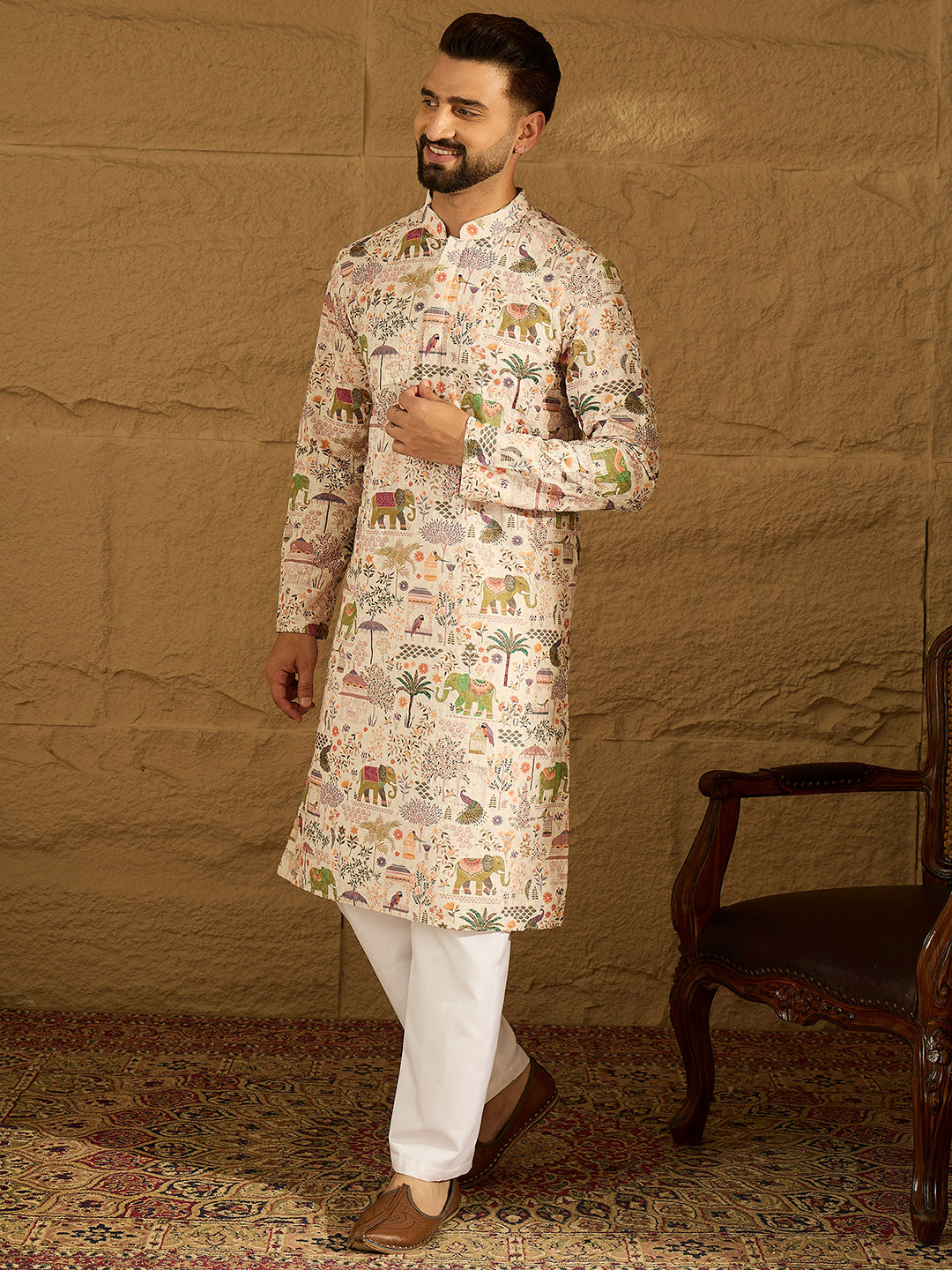 Men Cream Viscose Rayon Ethnic Motifs Printed Straight Kurta-MKU1616