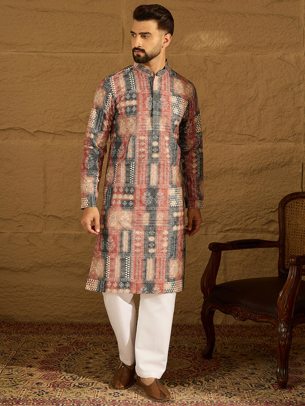 Men Brown Viscose Rayon Ethnic Motifs Printed Straight Kurta-MKU1617