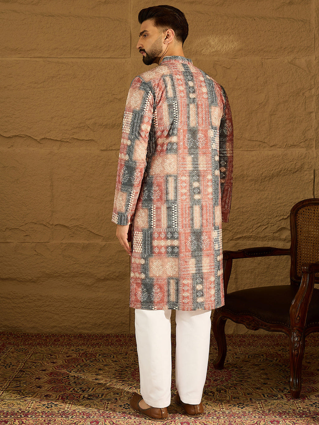 Men Brown Viscose Rayon Ethnic Motifs Printed Straight Kurta-MKU1617