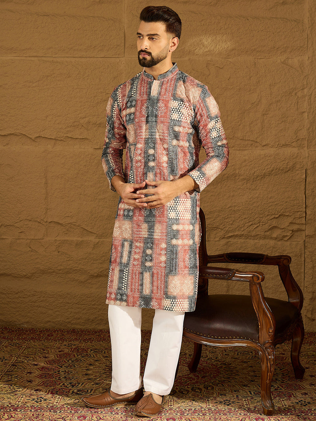 Men Brown Viscose Rayon Ethnic Motifs Printed Straight Kurta-MKU1617