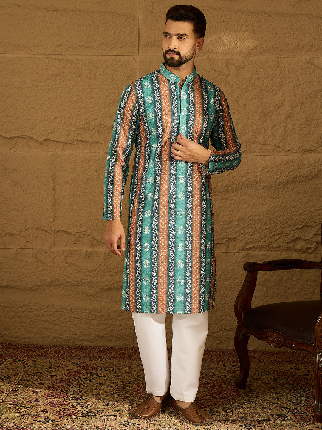 Men Blue Viscose Rayon Ethnic Motifs Printed Straight Kurta-MKU1618