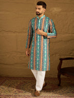 Men Blue Viscose Rayon Ethnic Motifs Printed Straight Kurta-MKU1618