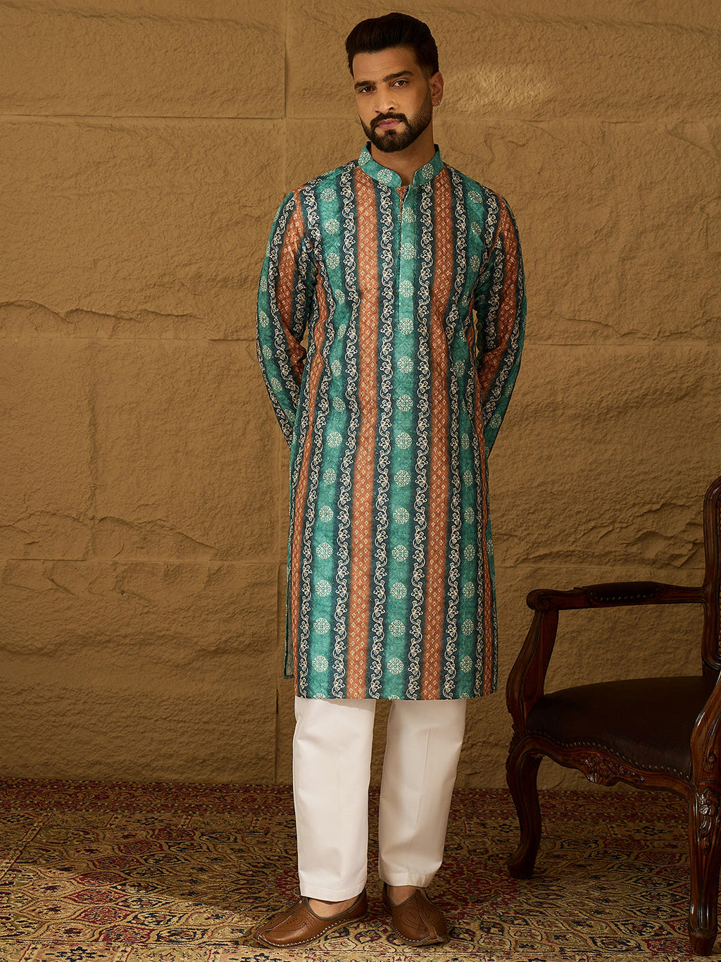 Men Blue Viscose Rayon Ethnic Motifs Printed Straight Kurta-MKU1618