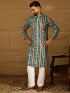 Men Blue Viscose Rayon Ethnic Motifs Printed Straight Kurta-MKU1618