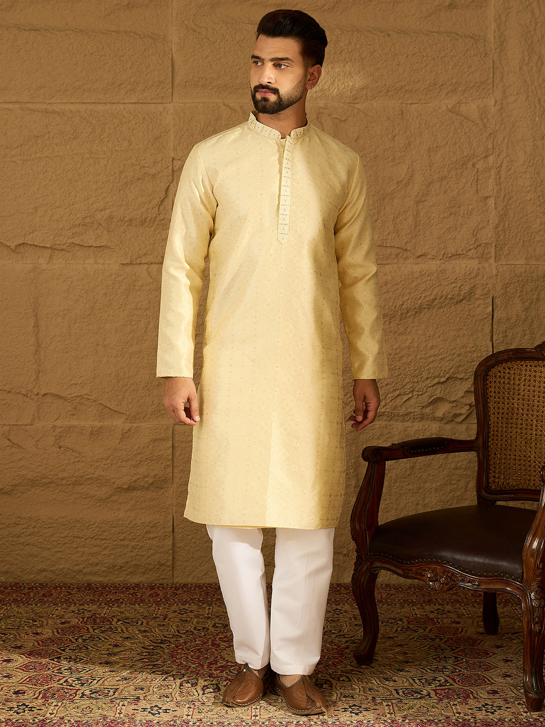 Men Beige Silk Blend Solid Printed Straight Kurta-MKU1650