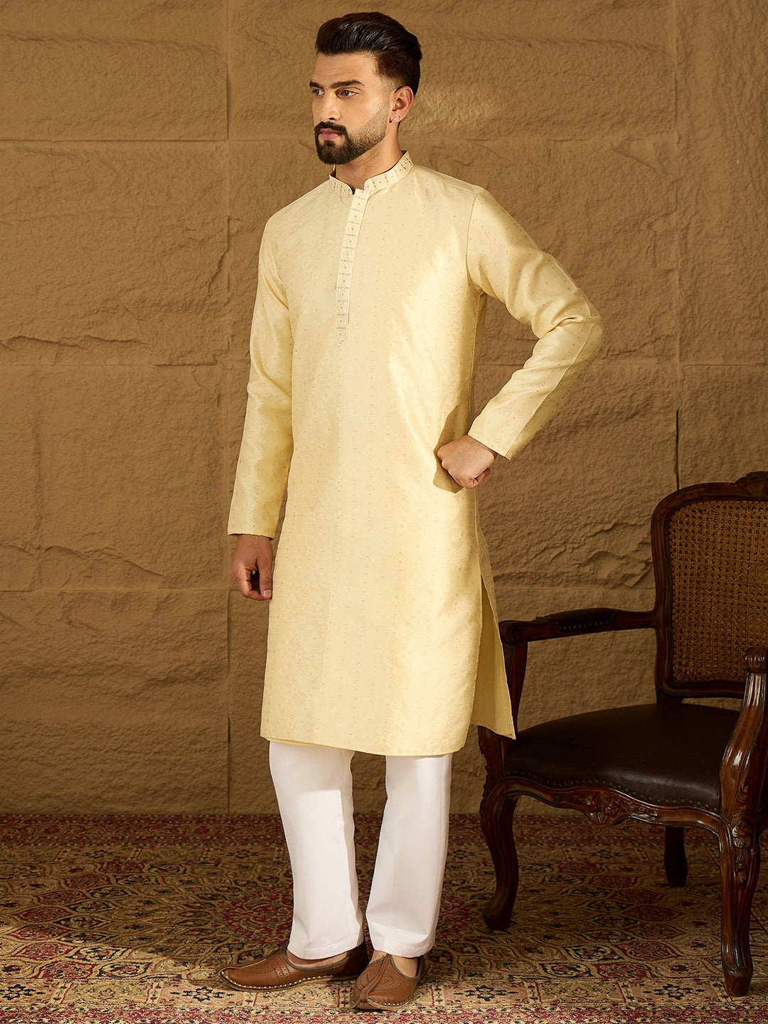 Men Beige Silk Blend Solid Printed Straight Kurta-MKU1650