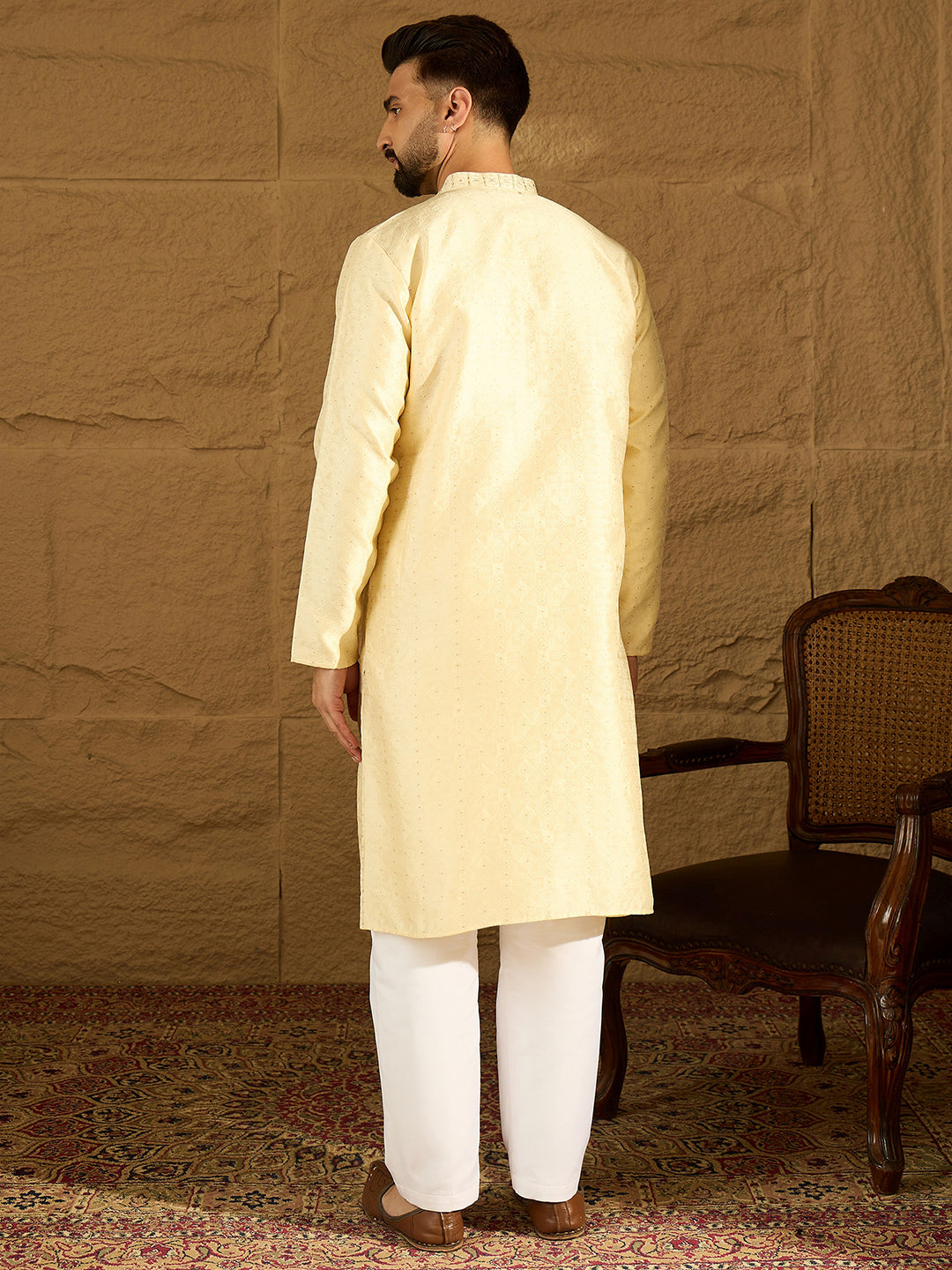 Men Beige Silk Blend Solid Printed Straight Kurta-MKU1650