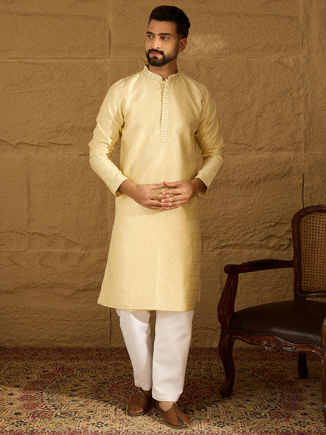 Men Beige Silk Blend Solid Printed Straight Kurta-MKU1650