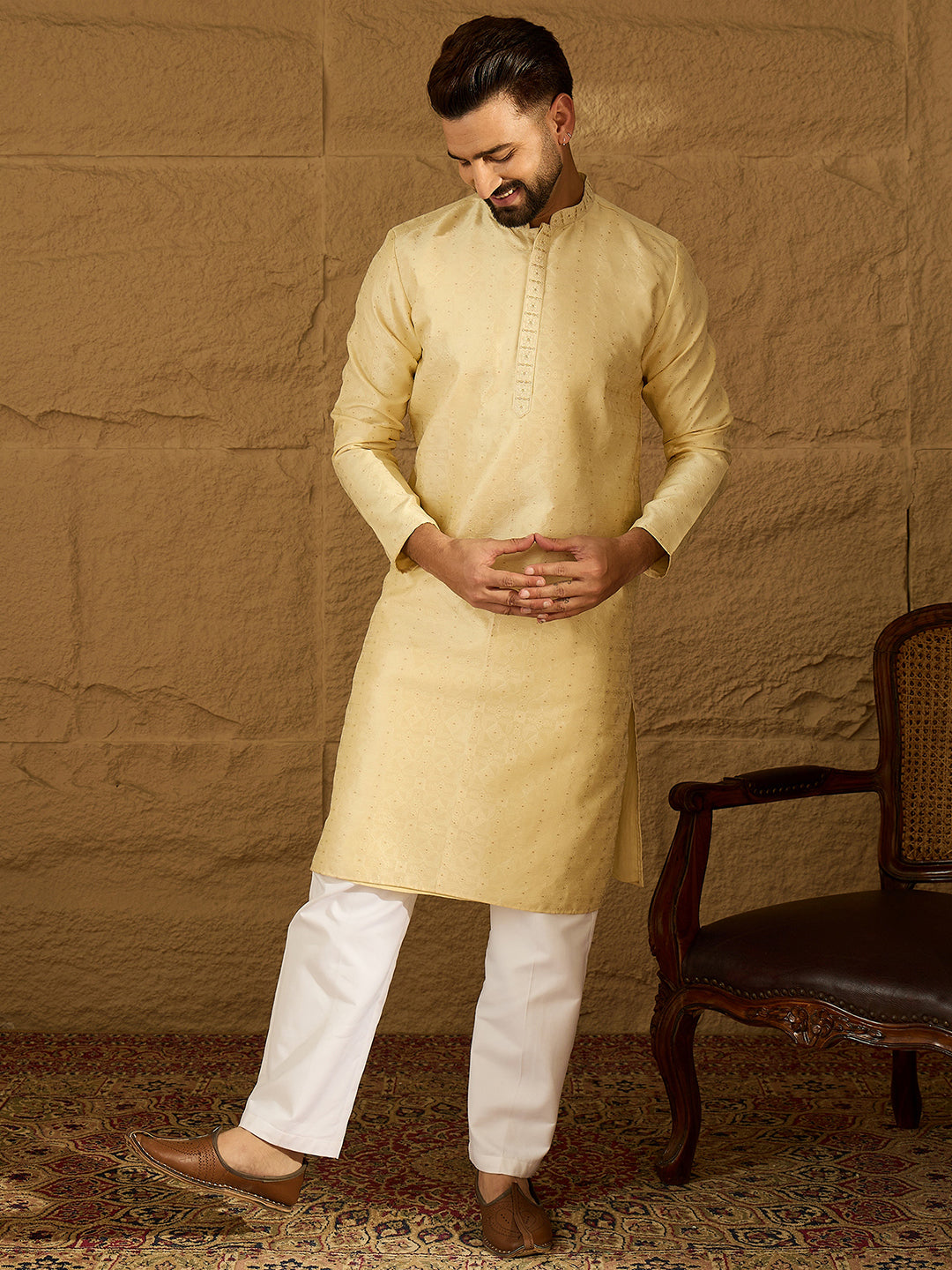 Men Beige Silk Blend Solid Printed Straight Kurta-MKU1650