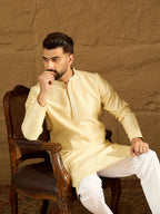 Men Beige Silk Blend Solid Printed Straight Kurta-MKU1650