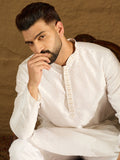 Men White Silk Blend Solid Printed Straight Kurta-MKU1652