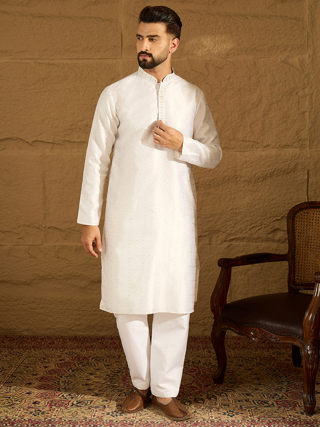 Men White Silk Blend Solid Printed Straight Kurta-MKU1652