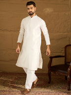 Men White Silk Blend Solid Printed Straight Kurta-MKU1652