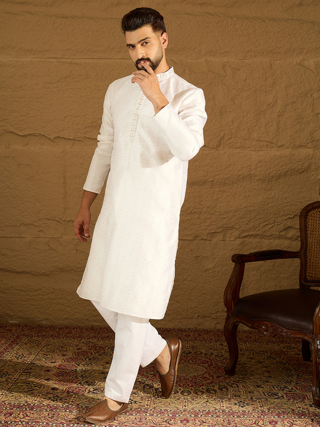 Men White Silk Blend Solid Printed Straight Kurta-MKU1652