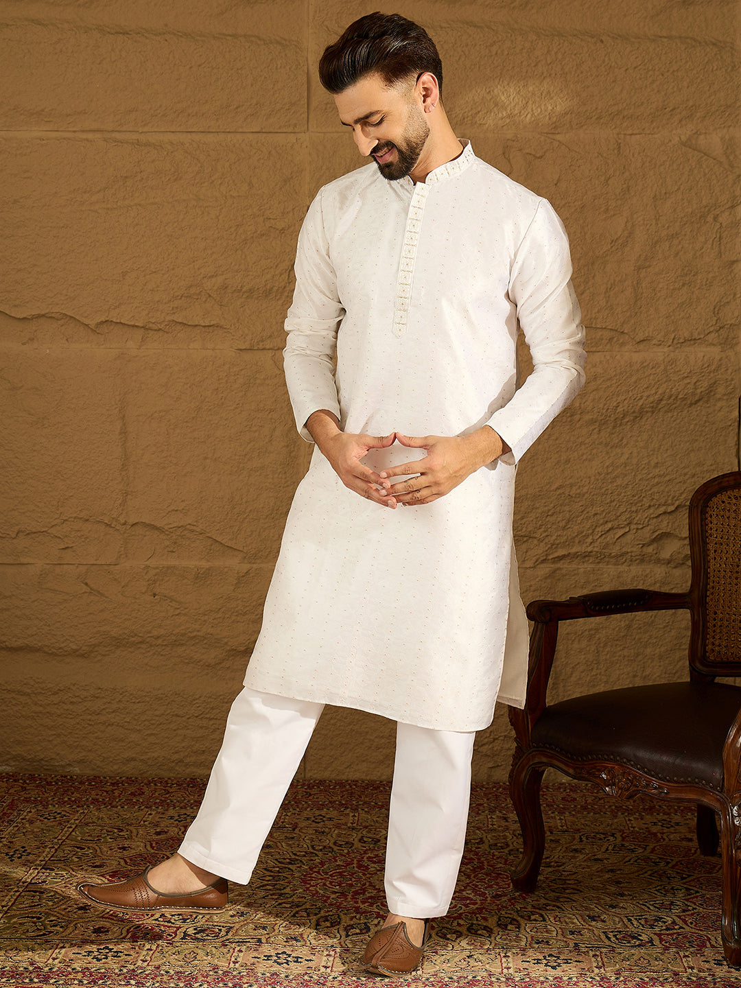 Men White Silk Blend Solid Printed Straight Kurta-MKU1652