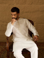 Men White Silk Blend Solid Printed Straight Kurta-MKU1652