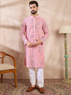 Men Pink Viscose Rayon Ethnic Motifs Embroidered Straight Kurta-MKU1654