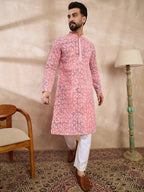Men Pink Viscose Rayon Ethnic Motifs Embroidered Straight Kurta-MKU1654