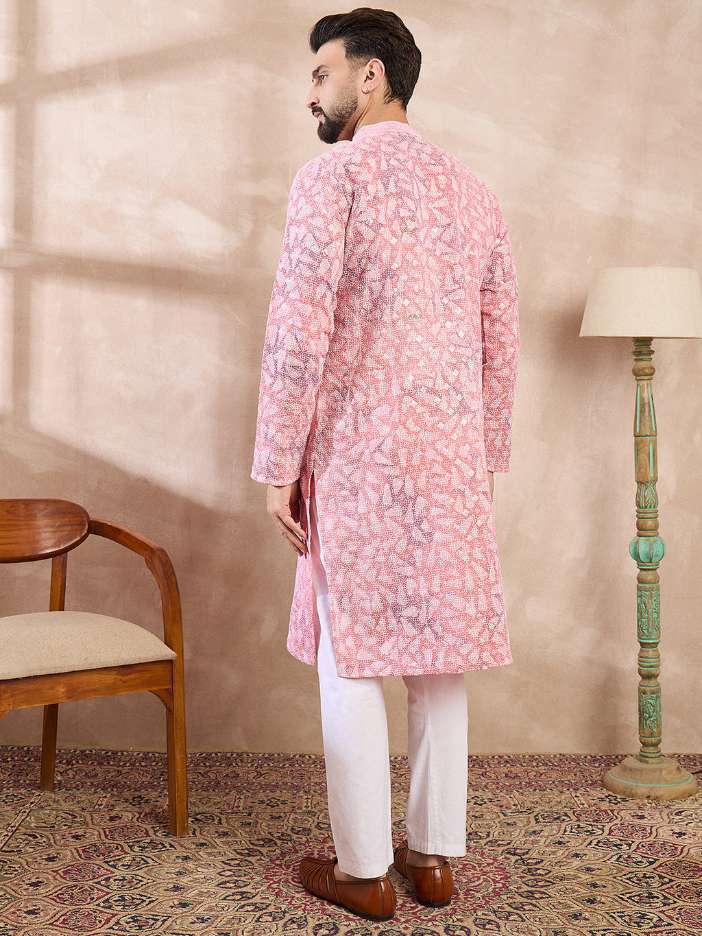 Men Pink Viscose Rayon Ethnic Motifs Embroidered Straight Kurta-MKU1654