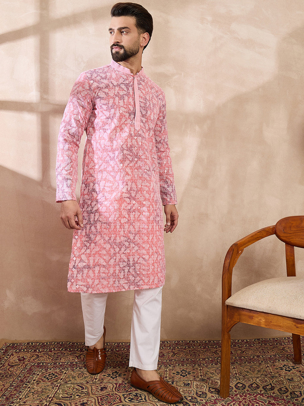Men Pink Viscose Rayon Ethnic Motifs Embroidered Straight Kurta-MKU1654