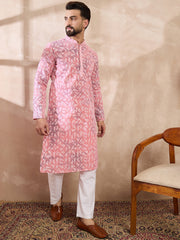 Men Pink Viscose Rayon Ethnic Motifs Embroidered Straight Kurta-MKU1654