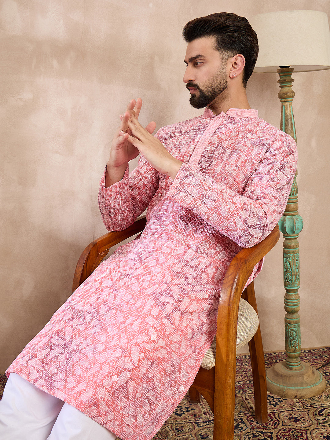 Men Pink Viscose Rayon Ethnic Motifs Embroidered Straight Kurta-MKU1654
